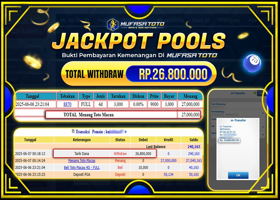 MUFASATOTO JACKPOT POOL TOTO MACAU Rp.26.800.000 | LUNAS